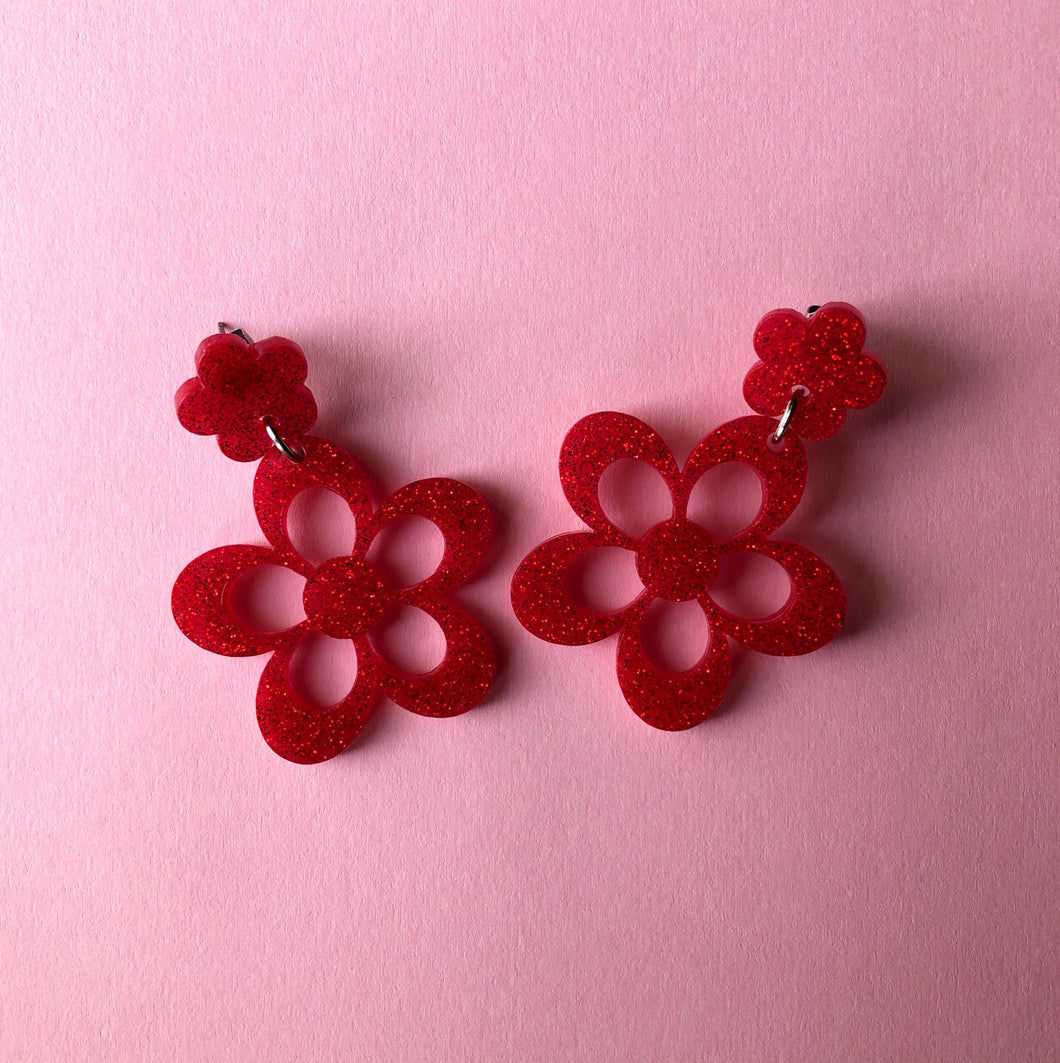 Sparkly Red Double Flower Earrings